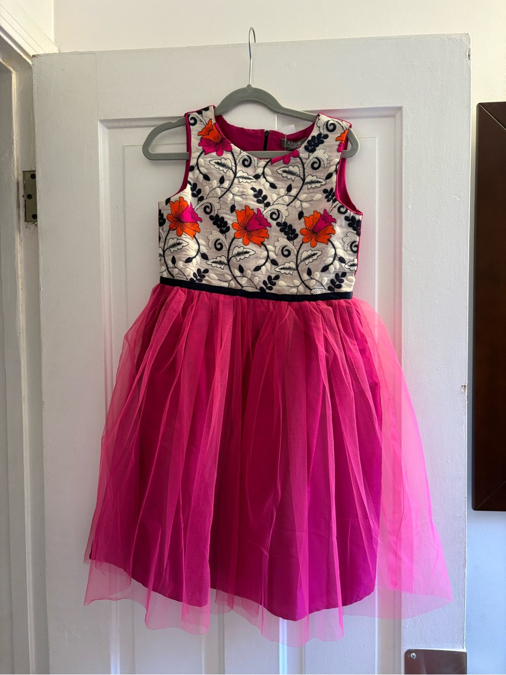 Girls Fuchsia Tulle Dress with Embroidered Floral Bodice